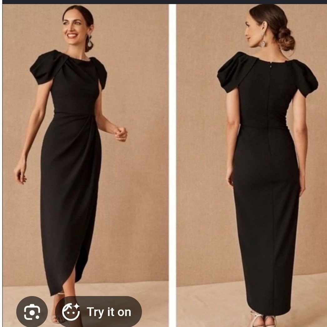 Anthropologie Bhldn Black Draped Tulip Maxi Dress Puff Sleeve Formal Gown Party